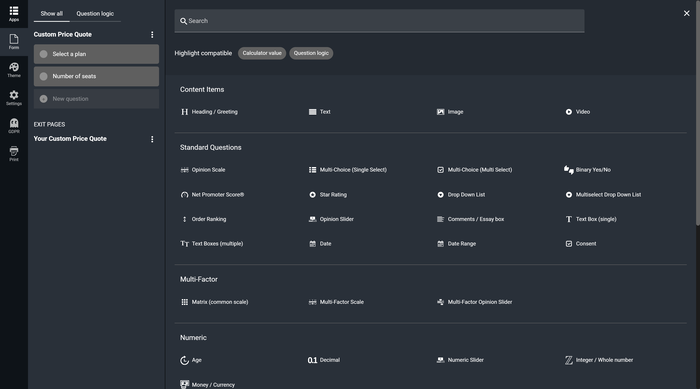 Question Types Available When Building a Custom Price Quote Calculator