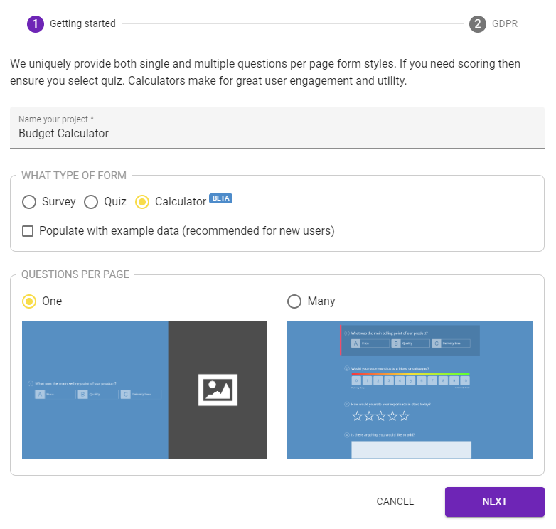 Select a Web Calculator Type