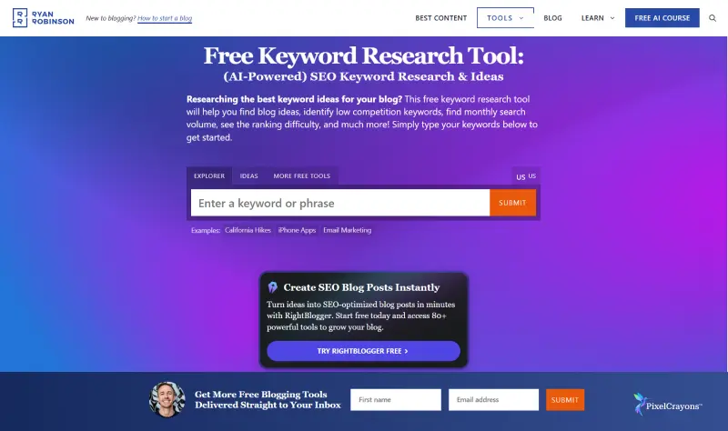 Ryan Robinson's Free Keyword Research Tool